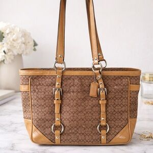 Vintage Coach Signature Y2K Buckle Bag Tan Patent Leather Trim Gallery Tote